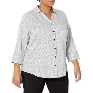Foxcroft Women's Size 12 White Black Block Print Mary 3/4 Sleeve Button Down Top